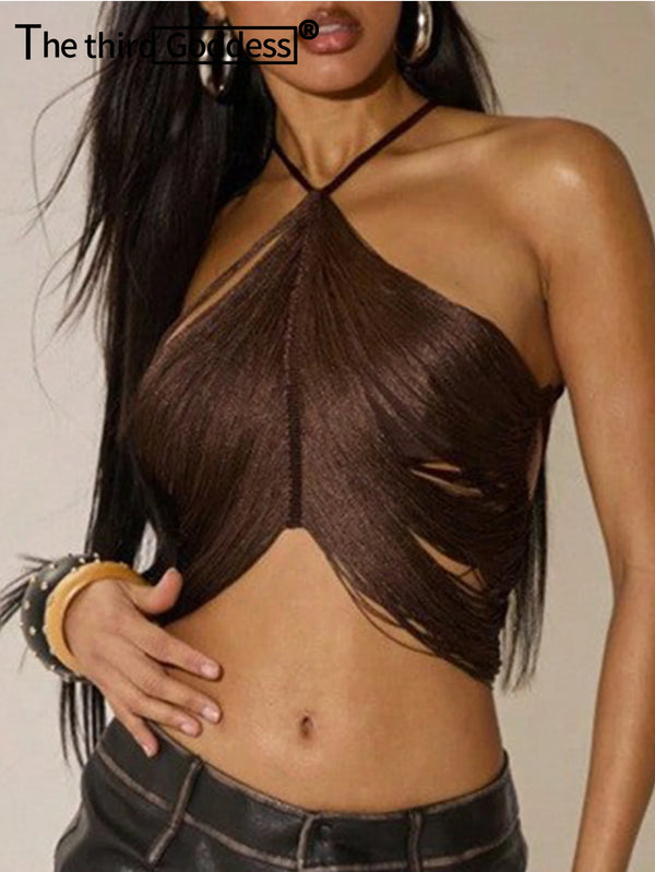 Sexy Vintage Tassel Crop Top Women Summer See through Halter Tanks Top Club Party Tops for Woman Clothing Cropped Streetwear Hot