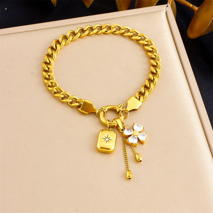 316L Stainless Steel Flower Zircon Starburst Square Pendant Necklace Bracelet Set Women New Waterproof Jewelry Gift Set