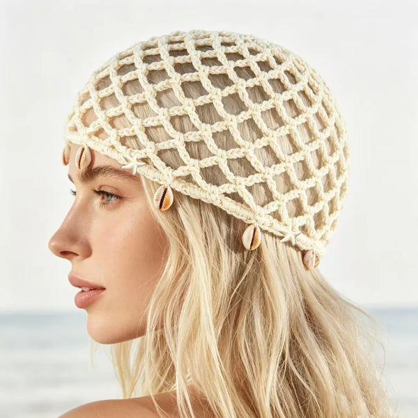 Starfish Hat Boho Pearl Trim Cap Summer Shell Crochet Head Beanie Cap Women Cap for Beach Travel