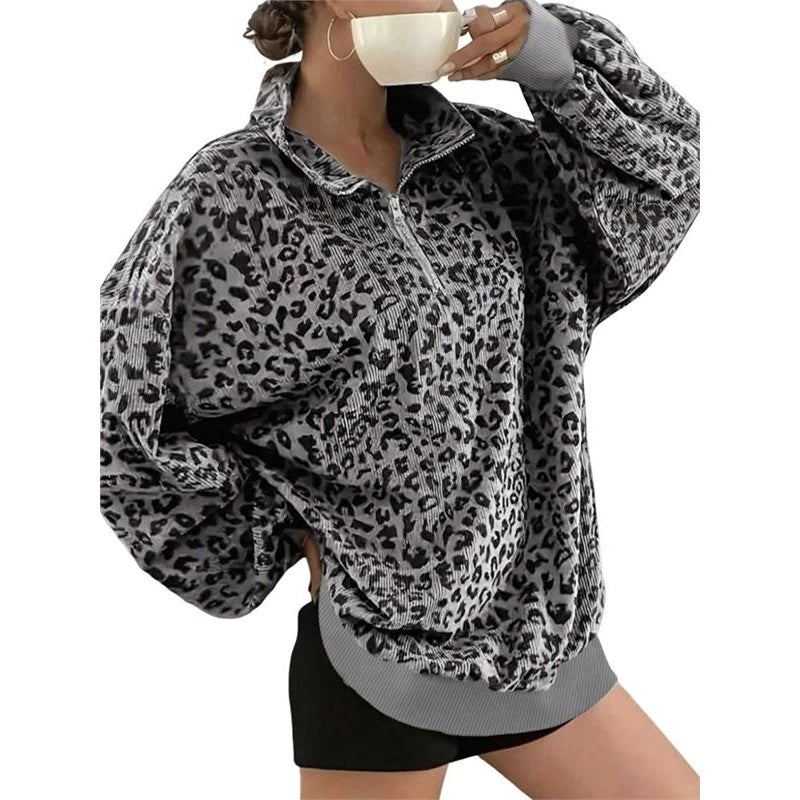 Women'S Half Zip Stand Collar Leopard Ribbed Oversized Sweatshirt Gray S