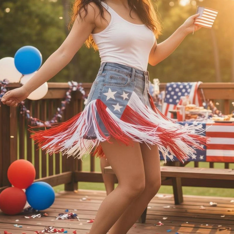 Denim Fringe Skirt Patriotic Waist Belt Skirt Waist Belt Accessory Flexible Soft