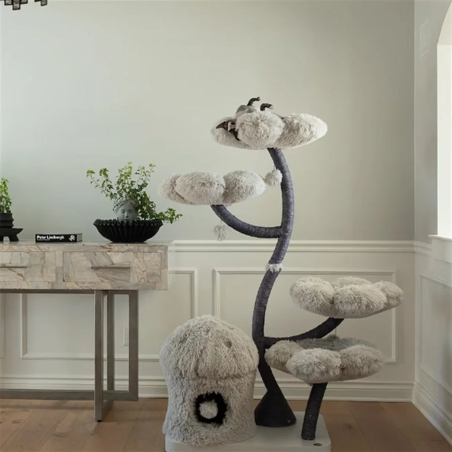Gray 1 Modern Cat Tree Tower Wooden Flower Cat Tree Wood Floral Cat Climbing Tree Tower for Scratcher Christmas
