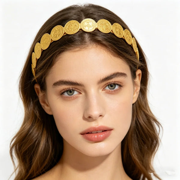 Vintage Golden Coin Headband for Women Engraved Coin Hair Hoop Arabic Ethnic Style Hair Accessory for Wedding Party