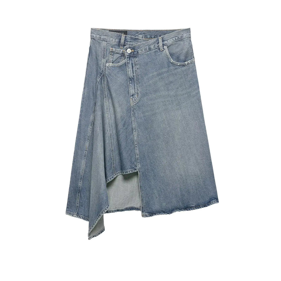 Women'Sasymmetric Denim Skirt New Spring Casual Mid Waist Pocket Women Lace Skirts Fashion Female Chic Skirts