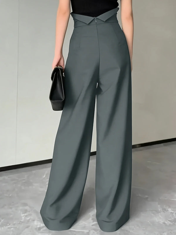 Chic Grey Wrap High Waist Wide Leg Pants - Pleated Draped Loose Fit Trousers, for Office Daily Casual Street Outfits