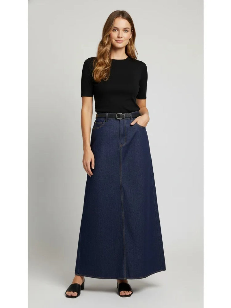 2026 New Women'S Dark Blue Denim Skirt Zippered High Waist Pockets A-Line Ankle-Length Skirts Casual Commuter Bottoms