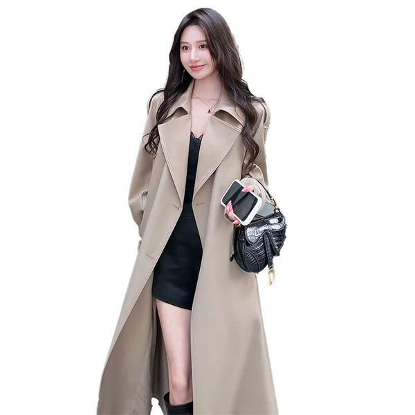 Spring Autumn Long Khaki Trench Coat for Women with Back High Slit Belt Elegant Chic Stylish Luxury Overcoat Women 2026