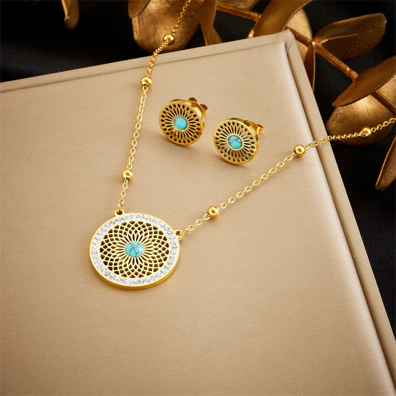 316L Stainless Steel Tree of Life Turquoise Golden Necklace Earrings for Womens 2024 New Party Gift Fashion Jewelry Set