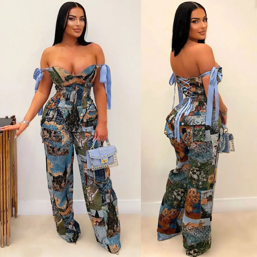 Oil Painting Printed Women'S Set Lace up Back Crop Top and Pants Suit 2025 Fall Winter Two 2 Piece Sets Outfit Tracksuit