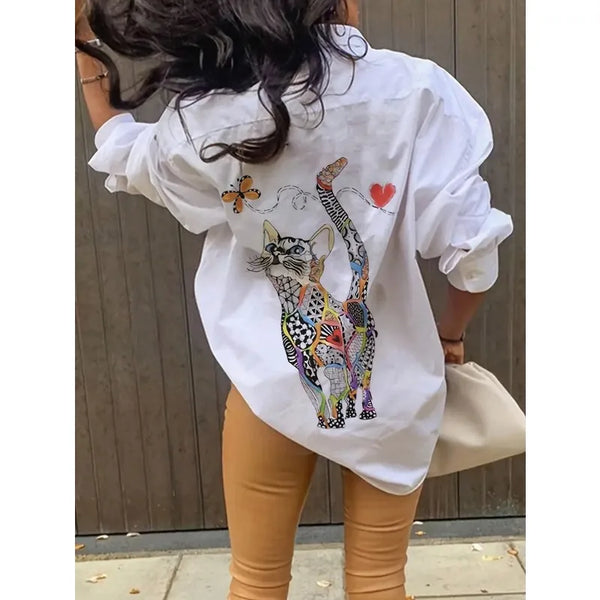 Plus Size 1XL-5XL Women'S Fashion Spring Autumn Cat Print Blouse Shirt Women'S Casual White Shirt Tops