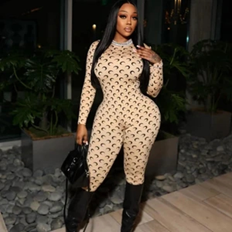 Womens Jumpsuit American Retro Slim Fit Sexy Moon Print Long Sleeve round Neck Tight Fitting Leggings Versatile Autumn