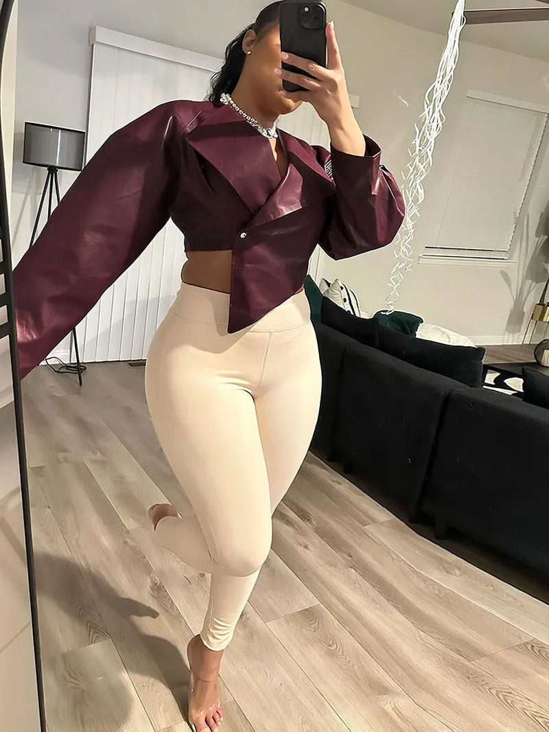 PU Leather Women Jackets Cool Simple Solid Full Sleeve Irregular Lapel Slim Crop Coats Female Casual Streetwear Outwear