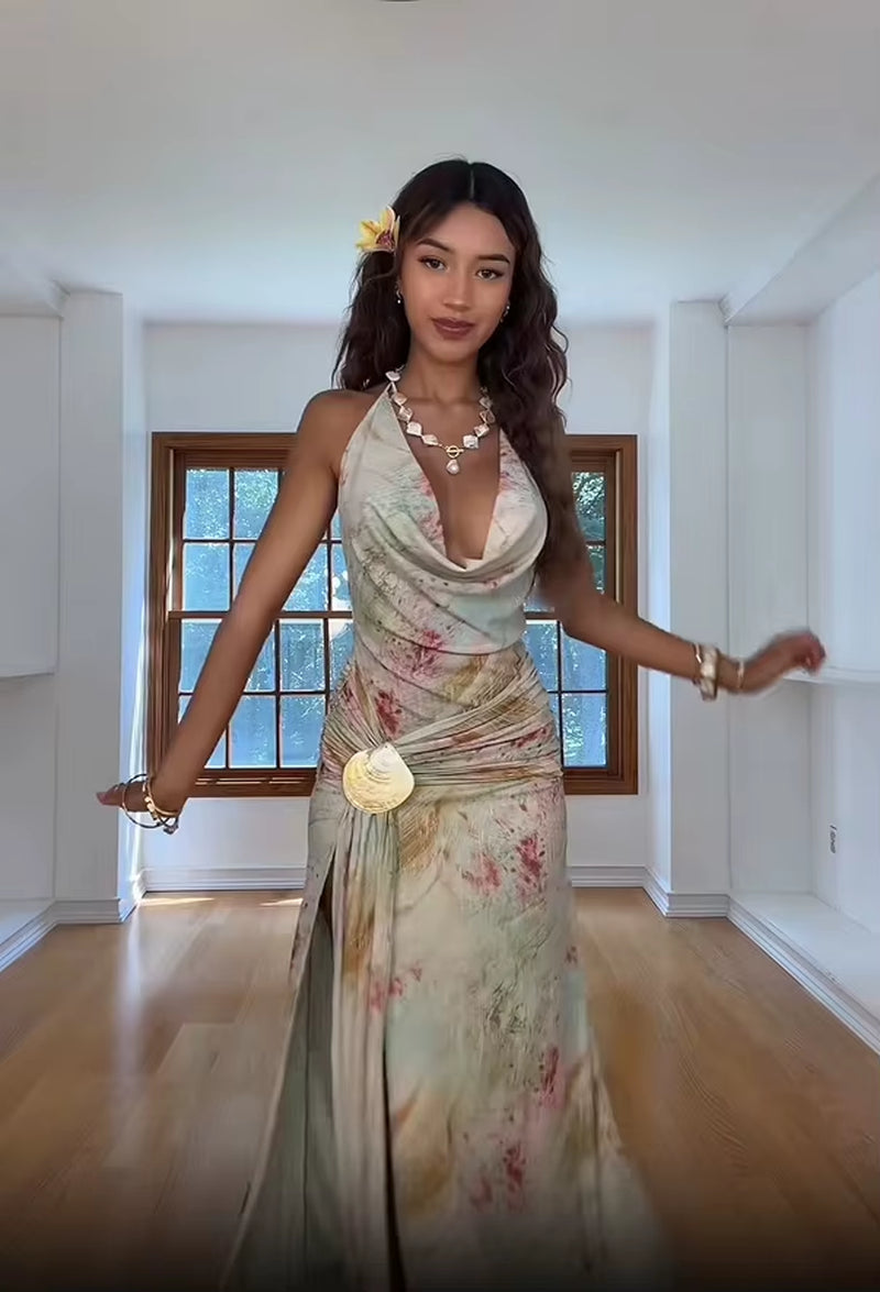 Sexy Floral Print Halter Neck Maxi Dress Women Deep V Neck Sleeveless High Slit Chiffon Bodycon Gown Summer Lady Vacation Robe