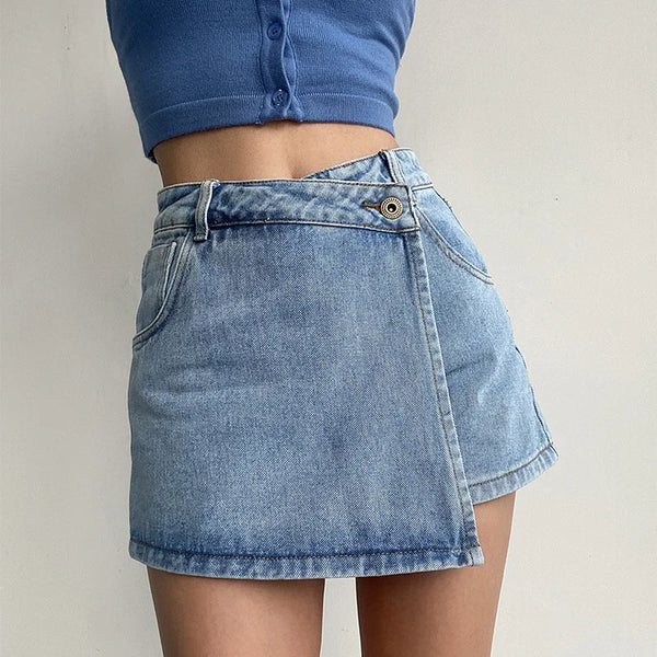 High-Waisted A-Word Denim Shorts Women'S New Light-Colored Fake Two-Piece Design Thin Spice Girl Culottes Denim Short Skirts