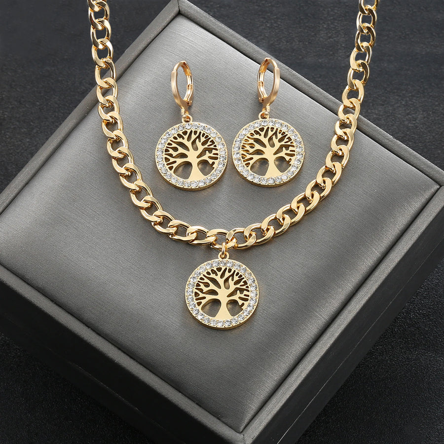 316L Stainless Steel Jewelry Set Rhinestone Tree of Life Pendant Necklace Hoop Earrings for Women Fashion Gold Gift Accessories
