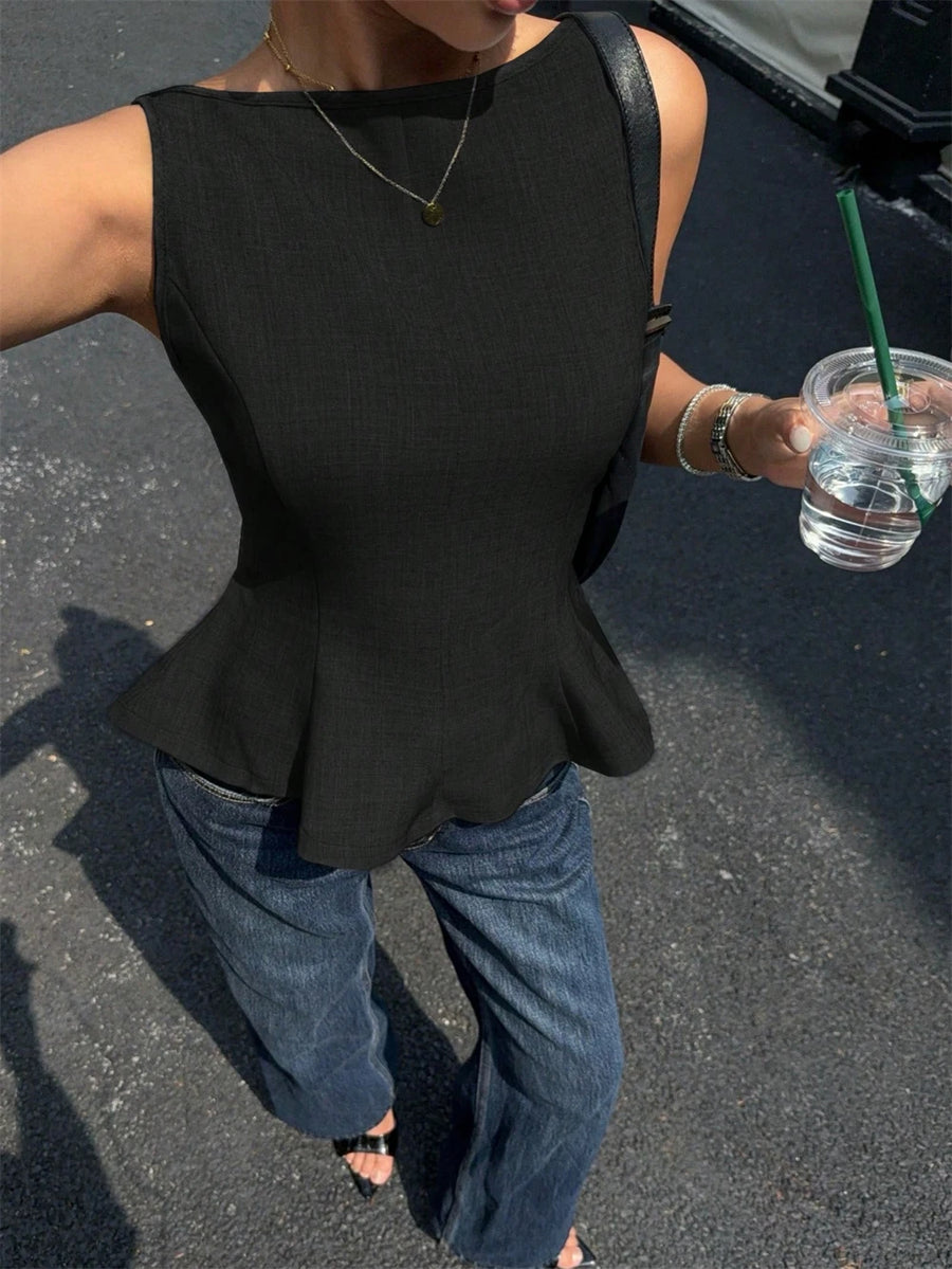 Women'S Elegant Slim Fit Ruched Hem Sleeveless Backless Top Casual Back Tie-Strap Solid Color Tank Top Summer 2026