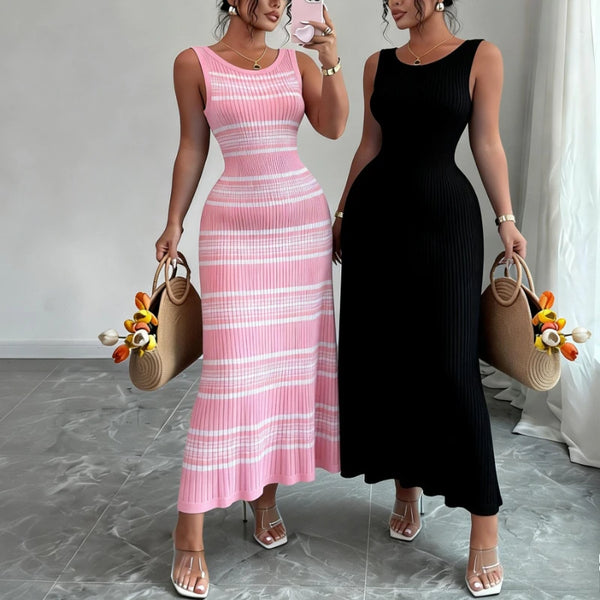 Women'S Pink Striped Sleeveless O Neck Stretchy Sundress Knit Bodycon Maxi Dress Pencil Summer Beach Vacation Daily Party Dress