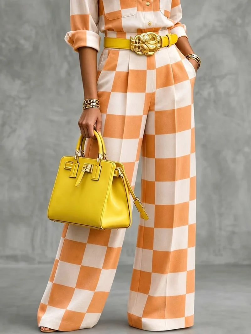 Yeezzi Women Fashion Orange White Plaid Matching Pants Loose High Waisted Wide Leg Office Casual Trousers Bottoms No Belt