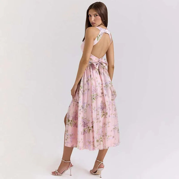 Floral Print Pleatred A-Line Midi Long Dress Women Halter 2026 Summer Dress Backless Nightclub Sexy Party Dresses