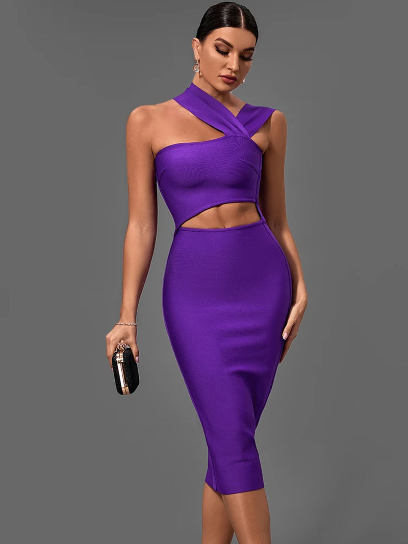 Summer One Shoulder Cut Out Midi Bodycon Dress for Women Bandage Dress Purple Elegant Cocktail Evening Night Out Party Dress Sex