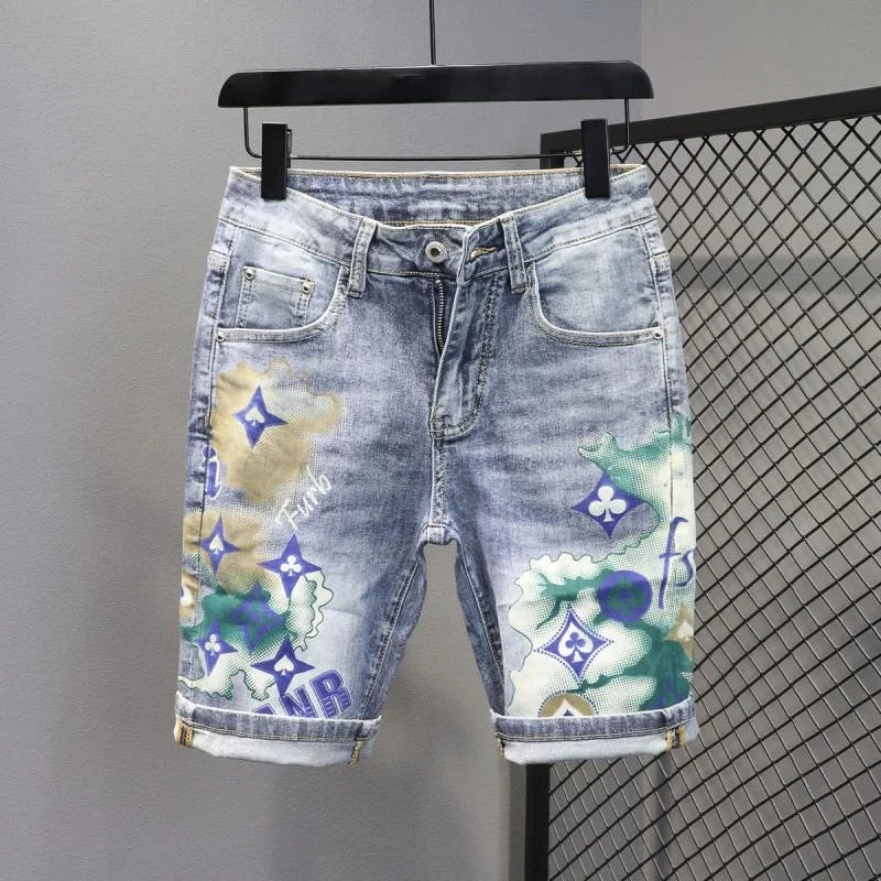 Summer 2024 New Fashion Trend Printed Stretch Cotton Shorts Men'S Casual Sashimi Comfort High Quality Plus-Size Denim Shorts
