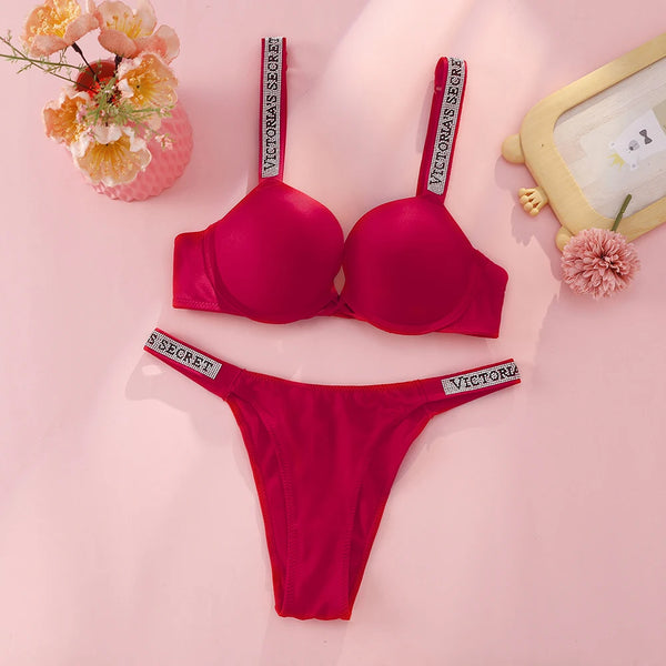 Victoria Secret Sexy Lingerie Set Very Sexy Logo Shine Strap Tropical Floral Push up Bra Shine Script Thong Panty