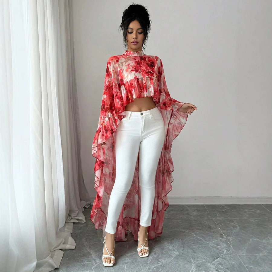2026 Summer Women'S Stand Collar Printed Ruffle Chiffon Blouse Resort Style Flowing Cover-Up Summer Dresses 2026 Vestidos Boho