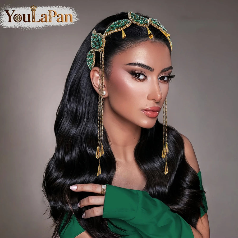 Luxury Green Color Rhinestone Leaf Bride Headband Golden Color Metal Tassel Hair Hoop Wedding Hair Accessories A365