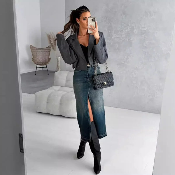 Streetwear Women Vintage Denim Long Skirt Slim High Waist Washed Distressed Button Pockets a Line Casual Female Split Skirts