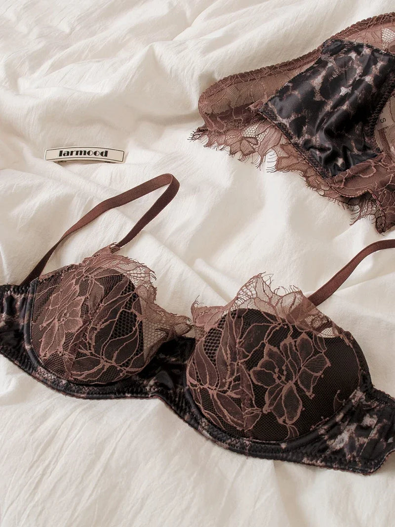 Sexy Lace Thin Bra Set Female Leopard Underwear Panties Eyelash Lingerie Comfortable Steel Ring Thin Bras