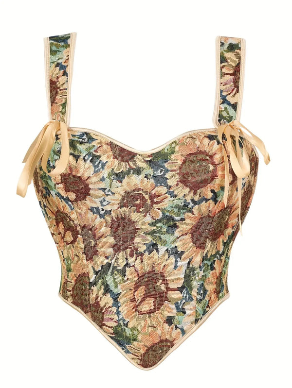 Women'S Sunflower Floral Jacquard Corset Bow Tie Shoulder Straps Sweetheart Neck Back Lace up Vintage Cottagecore Bustier Top