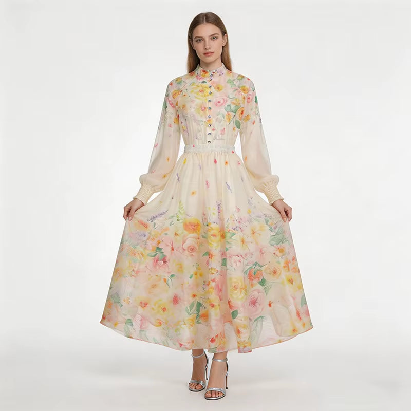 Elegant Sweet Romantic Puff Sleeve Floral 2 Pieces Skirt Set Women Chiffon Shirt Top Elastic Waist Midi Skirt Elegant Woman Set