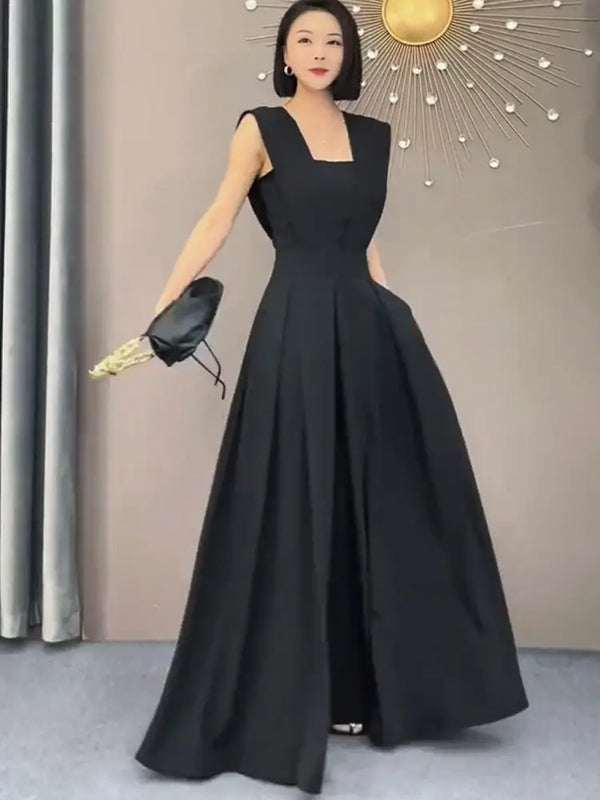 2022 Summer Black Suit Women'S Summer Thin Fashion V-Neck Sleeveless Waist Solid Wide Leg Jumpsuit