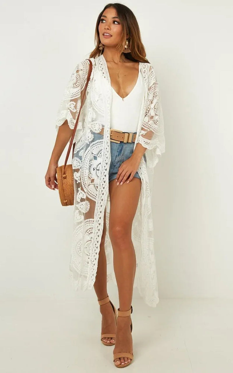 Sexy See through Long Lace Blouse Women Bikini Cover up Sheer Vintage Summer Cardigan Boho Beach Kaftan Robe Vestidos