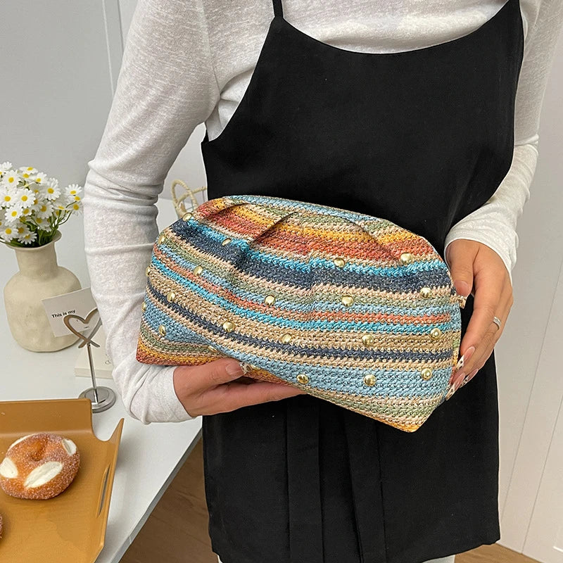 Rainbow Stripe Straw Woven Evening Clutch,Women Fresh Bohemian Versatile Purse for Party & Beach,Fashion Casual Chic Handbag