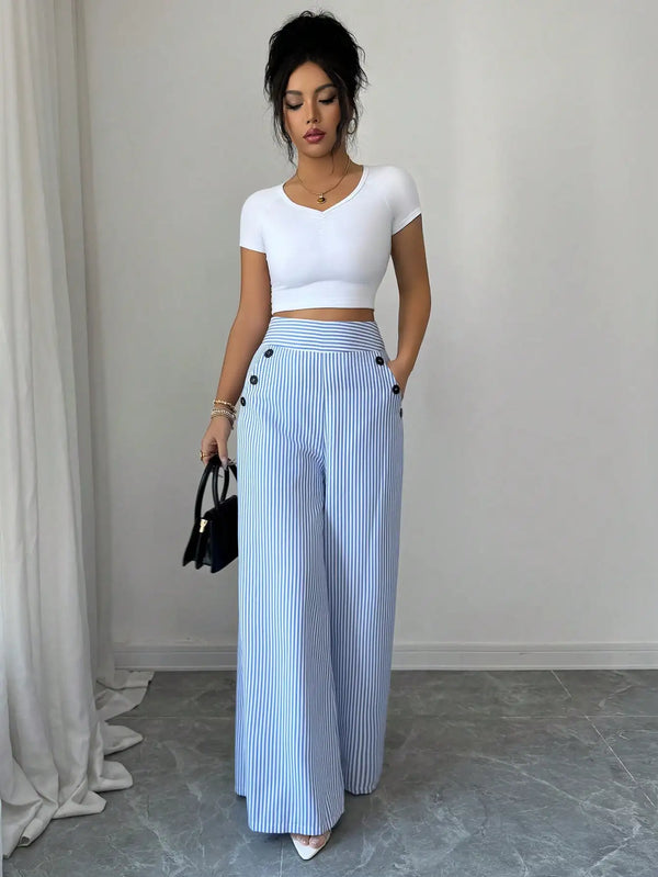 Stylish Striped Wide-Leg Trousers | Comfortable High-Waist Pants for Office & Casual