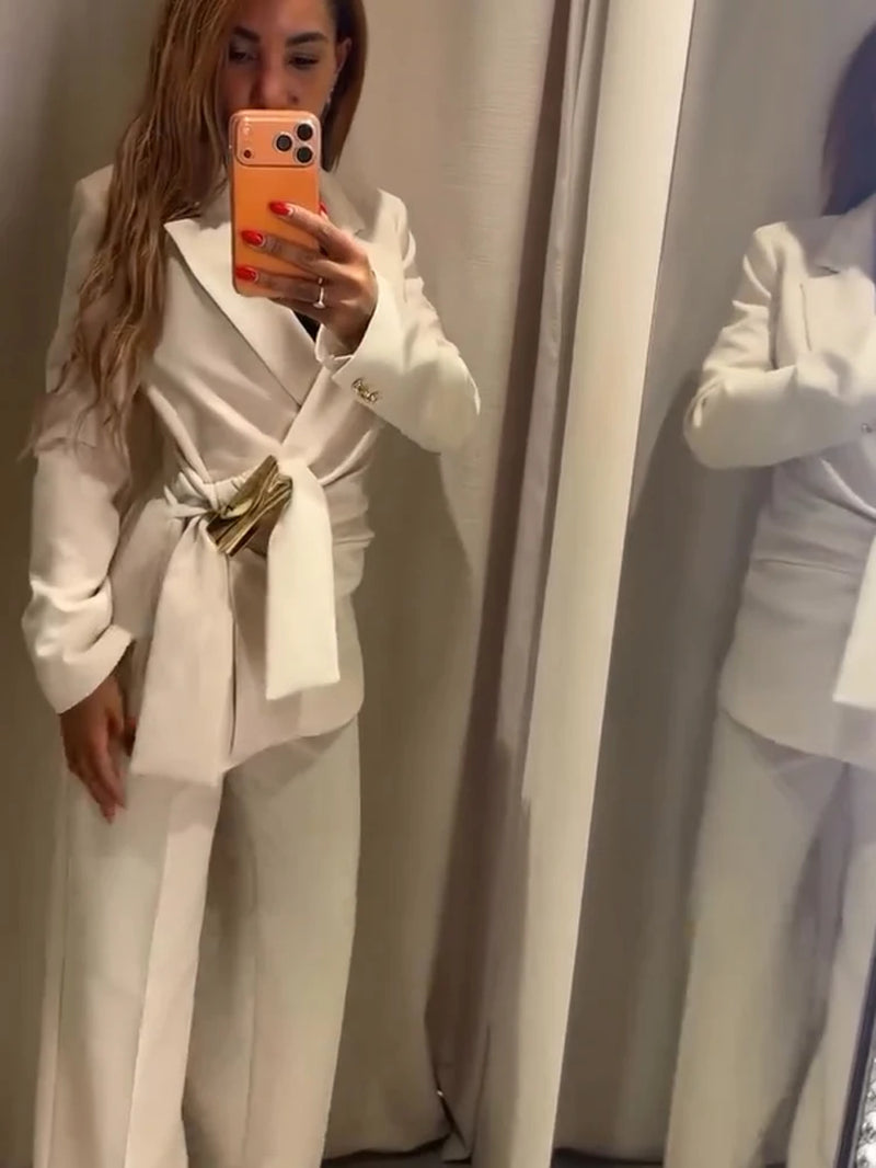 Lapel Coat Long Pant Suit Women Elegant Full Sleeve Waist Cinching Blazer Wide-Leg Pants Set Fashion Lady Daily Commute Outfit