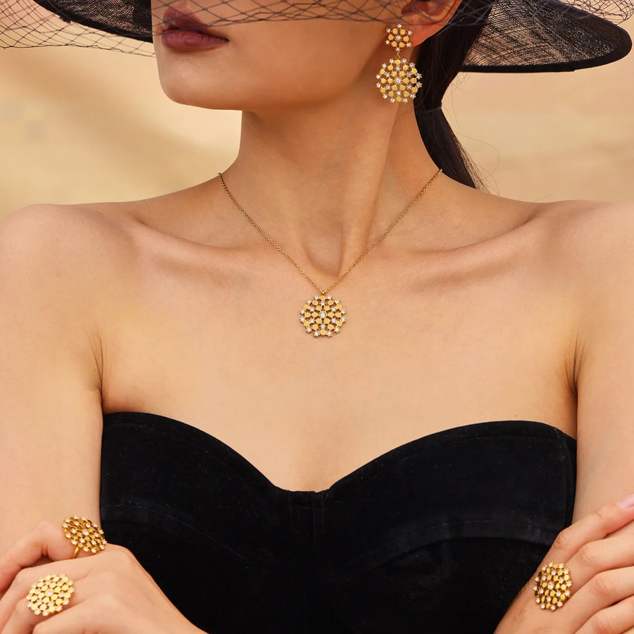 Ferris Wheel Waterproof Stainless Steel Gold Plated Flower Bouquet Pendant Necklace Earrings Ring for Women Luxury Jewelry
