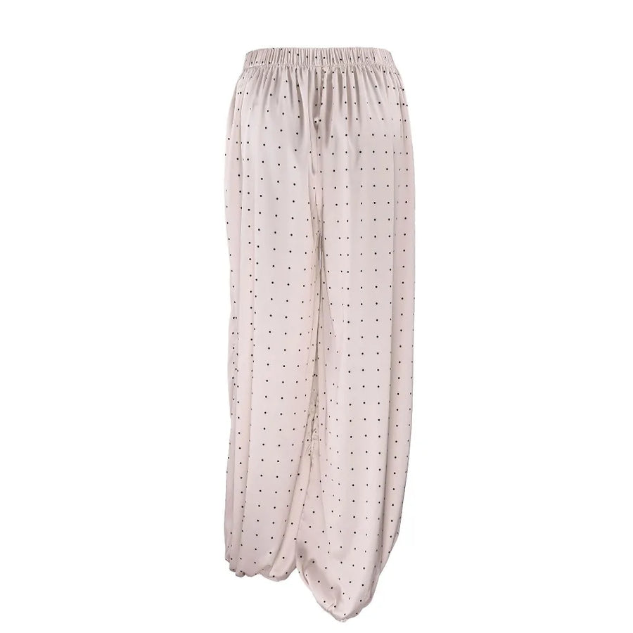 Fashion Polka Dots Satin Lantern Pants Elastic White High Waist Trousers Elegant Loose Ankle Pants Spring Summer