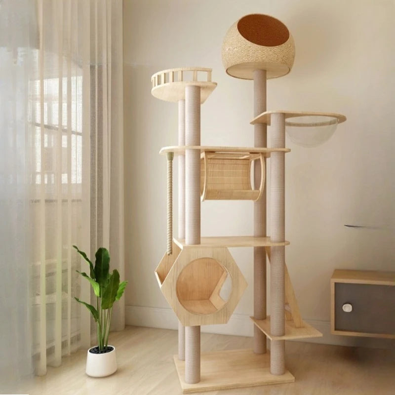 Multi-Level Cat Tower House with Scratcher Wooden Cat Tower Luxury Villa Modern Accessories Rascadora Para Gato Things for Cats