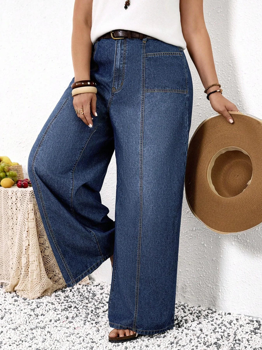 Plus Size Wide Leg Jeans for Women, High Waist Patchwork Design, Loose Fit Denim Jeans, Comfortable and Stylish