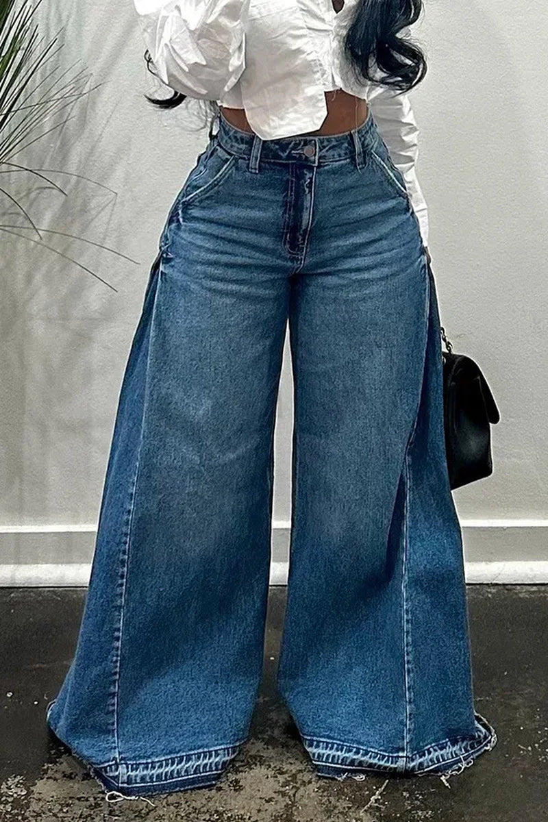 European American New Fashion Women'S Spliced Casual Trendy Loose Wide Leg Flare Denim Trousers Female Streetwear Jeans Pants