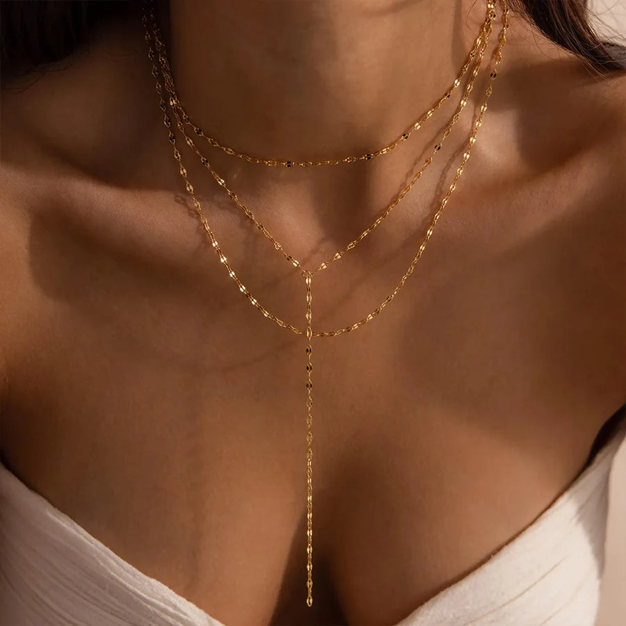 Emanco Stainless Steel Minimalist Style Water Wave Chain Multi Layer Lariat Necklace Fashion Women'S Jewelry Wholesale