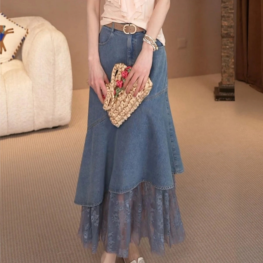 LOUISYAO Vintage Sweet Denim Skirt 2026 Summer High Waist Lace Mesh Patchwork Asymmetric Slim Long Skirt