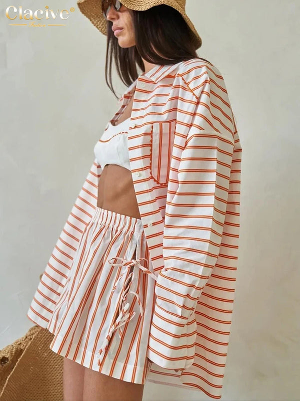 Fashion Loose Stripe Print 2 Piece Set Women 2026 Elegant Long Sleeve Shirt with High Waist Shorts Set Female Clothing