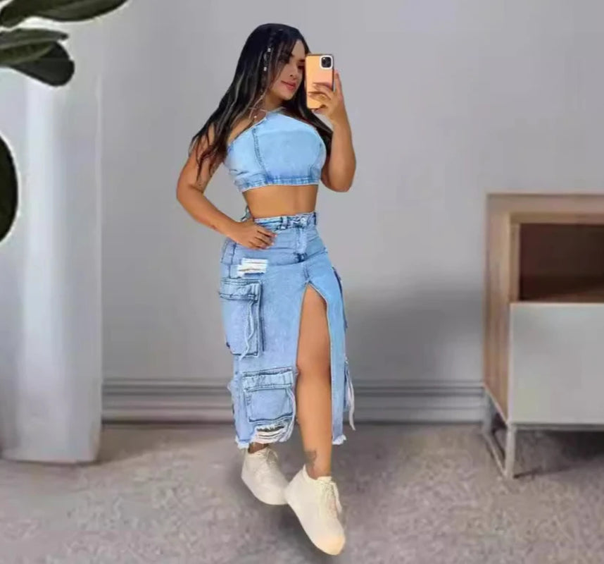 Mid Length Skirts Women Denim Skirt Hole Pockets a Line Slit Slim Y2K Streetwear Elegant Splice Y2K High Waist Summer 2025