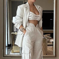 Spring Autumn New Women'S 2Pcs Sets Elegant Long Sleeve Blazer Suit and Wide Leg Cargo Pants Set Solid Color Office Lady Suit