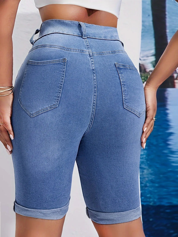 2025 Spring New High Waist Knee Length Denim Shorts for Women Fashion Casual Summer Stretch Tight Rolled up Jeans Shorts