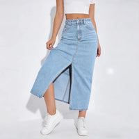 Women High Waist Light Blue Washed Denim Midi Skirt Front Slit Elastic Stretch Long Jean Skirt Casual
