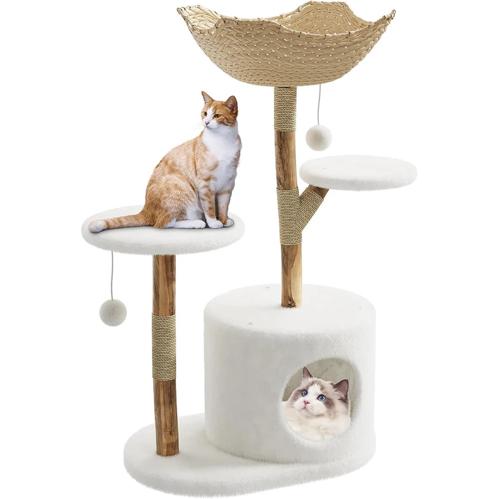 Real Wood Modern Cat Tree Tower with Wicker Condo Scratching Post Bed Boho Luxury Pet Furniture for Indoor Cats Space Saving